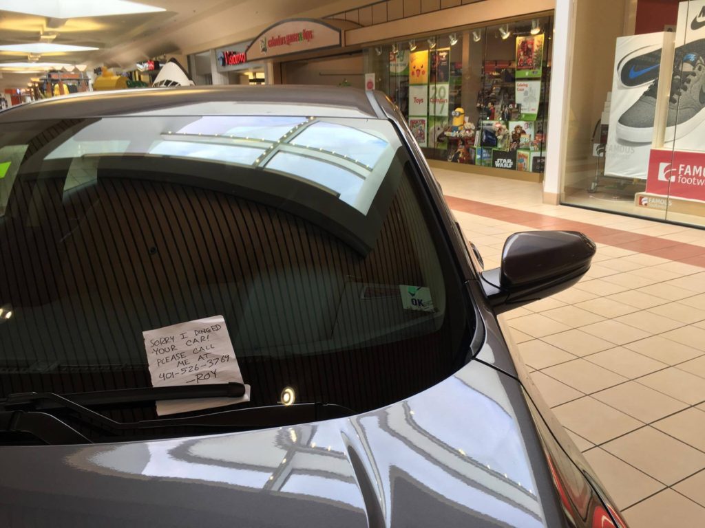 Thanks for restoring my faith in humanity and leaving a note when you ding a car in the mall, Sunshine!